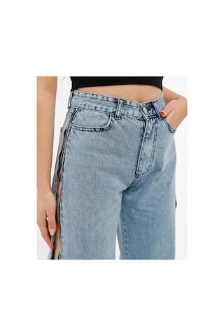 Kene Jeans Yüksek Bel Yan Fermuar Detaylı Buz Kar Bol Paça Jean Buz Kar