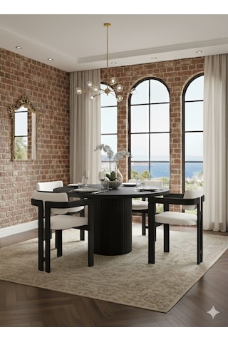 Verona Doğal Ahşap Yuvarlak Yemek Masası Takımı 4 Kişilik Modern Scandinavian Stil Siyah Beyaz