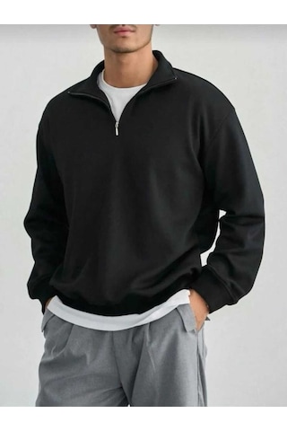Oneoctobeer Unisex Yarım Fermuarlı Yakalı Siyah Sweatshırt Kazak SIYAH