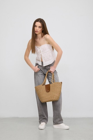 Shule Bags Duffy Kapaklı Handmade Hasır Tote Çanta Vizon Vizon