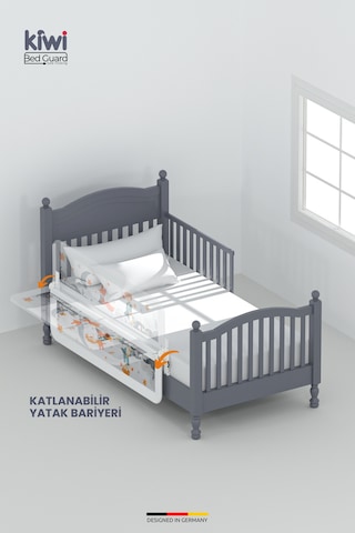 Kiwi Bed Guard Asansörlü Beyaz Dinozor Desenli, Çocuk Yatak Bariyeri, Yatak Korkuluğu 150x60-70 Cm