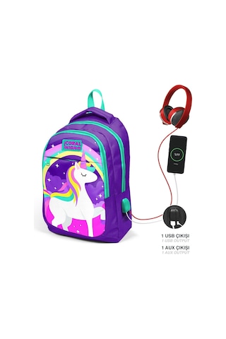 Coral High Okul Sırt Çantası Ve Beslenme Çantası Seti - Kız Çocuk Mor Unicorn - Usb Soketli