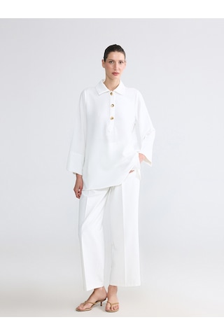Lcw Everyday Beyaz Polo Yaka Oversize Armürlü Kadın Tunik