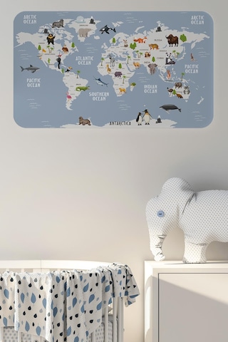 Eğitici Dünya Haritası Dünya Atlası Çocuk Ve Bebek Odası Duvar Sticker-60x105-3789 - Renkli Çok Renkli