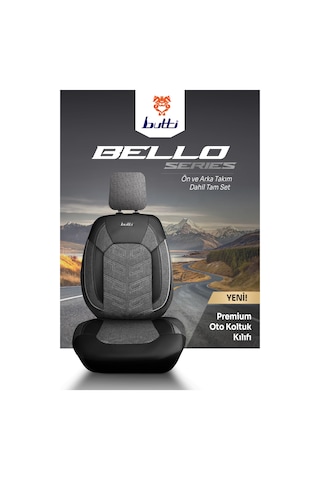 Siyah - Gri Butti Bello Serisi Keten Kumaş Premium Oto Koltuk Kılıfı Ortopedik Destekli, Ön Arka Tam Set