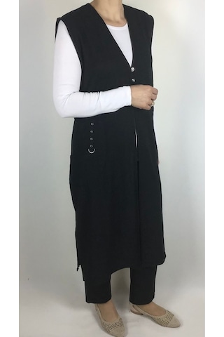 Kadın Önü Üç Düğmeli Cepli Jakarlı Yazlık Uzun Yelek Siyah