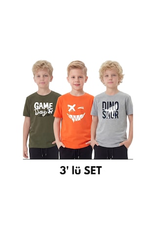 Fyk Kids 3'lü Yuvarlak Yakalı Baskı Detaylı Basic 3 Parça Erkek Çocuk Tişört Haki - Gri