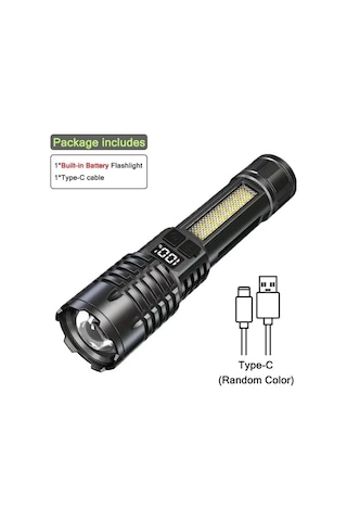 Yüksek Güçlü Led El Feneri Güçlü Type-c Şarj Edilebilir Cob El Siyah