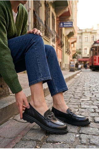 Fort Ventes 35837 Siyah Açma Toka Detaylı Rahat Loafer Kadın Ayakkabı