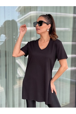 Siyah V Yaka Basic Kadın Tshirt Siyah