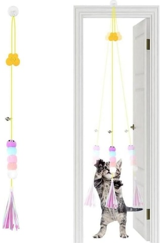 Yusa Stores Kendiliğinden Yapışkanlı Uzun İpli Tüylü Zilli Peluş Kedi Oyun Oltası Kedi Oyuncağı Çok Renkli