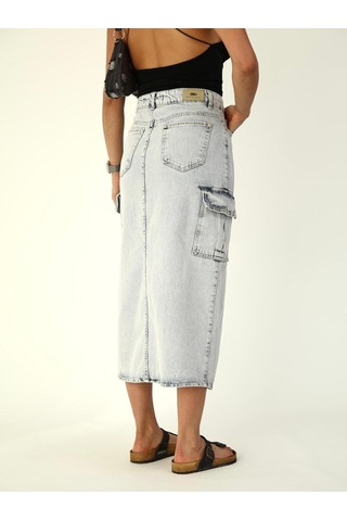Zeo Basic Kargo Cep Detaylı Yırtmaçlı Maxi Denim Etek Mavi