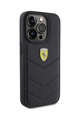 İphone Uyumlu 15 Pro Kılıf Ferrari Lisanslı Deri Dikişli Arka Yüzey Metal Logo Tasarımlı Siyah