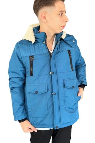 Erkek Çocuk Fermuar Torba Cepli Fermuar Çıtçıt Kapamalı Peluş Astarlı Kapüşonu Çıkabilen Mavi Mont Mavi