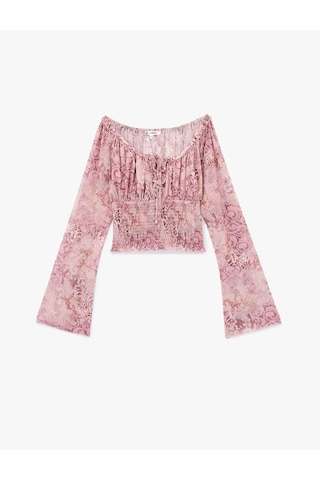 Koton Kayık Yaka Uzun Kollu Bağcıklı Yaka Gipeli Şifon Bluz Pembe Desenli 6wal60014ık Pembe Desenli