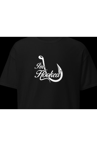 Wildstyle I'm Hooked Balıkçılık Olta Balıkçı Tutkusu Baskılı Unisex Bisiklet Yaka Pamuklu Tişört Siyah