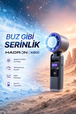 Hadron K801 Şarjlı Soğutma Plakalı Mini El Fanı Dijital Göstergeli 199 Kademeli