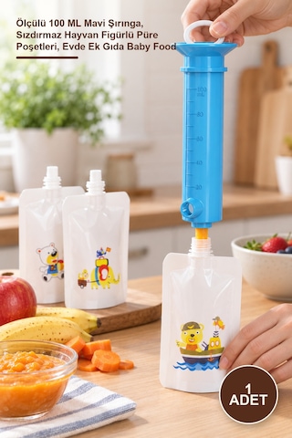 Bebek Püre Doldurma Aparatı Ölçülü 100 Ml Şırınga, Sızdırmaz Hayvan Figürlü Püre Poşetleri, Ev Yapımı Baby Food Puree
