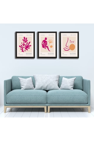 Henri Matisse 3'lü Alüminyum Çerçeveli Poster Seti - Önden Açılır A3 Açılır Kapanır Çerçeve Seti Fuşya Pembe Soyut Figürler, Siyah