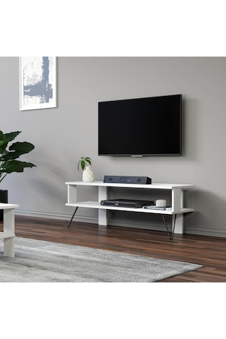 Duama TV Sehpası – Metal Ayaklı, Açık Raflı Tasarım, 120 cm, Beyaz