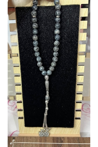 Doğal Obsidyen Taşı Tesbih 33 Lü Gümüş Renk İmameli Doğal Taş