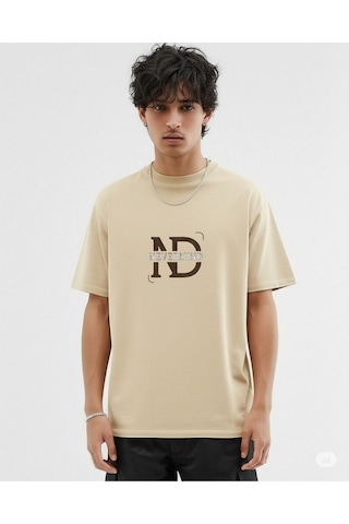 Nevermind Baskılı Oversize Tişört Erkek Streetwear T-shirt Bej
