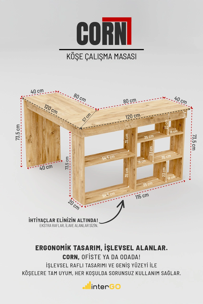 Corn Köşe Çalışma Masası Raflı Bilgisayar, Ofis Masası Atlantik Çam Atlantik Çam