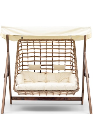 Girne Swing Ahşap Rattan Salıncak Dış Mekan Bahçe Balkon Ve Teras Salıncağı Krem