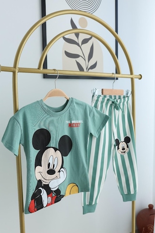 Erkek Çocuk Mickey Kısa Kollu Çizgili Eşofman Takımı Mint Mint Yeşili