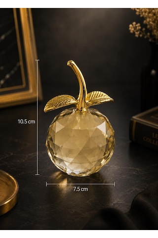Kristal Elma Biblo Gold Yapraklı Dekoratif Cam Obje 10.5 Cm Şık Masa Üstü Salon Ofis Ev Dekoru