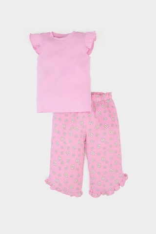 DeFacto Kız Bebek Krinkıl Viskon 2'li Takım Kısa Kollu Tişört Beli Lastikli Çiçekli Pantolon E7798A525SMPN444 Pembe