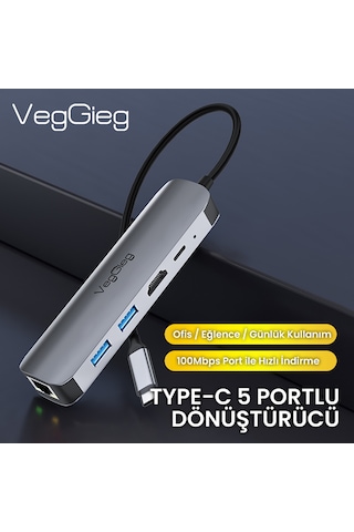 Veggieg Type-c Pd100w 5 Portlu 4k 30hz Hdmı 100mbps Ethernet Usb 2.0 + Usb 3.0 Çoklayıcı Hub