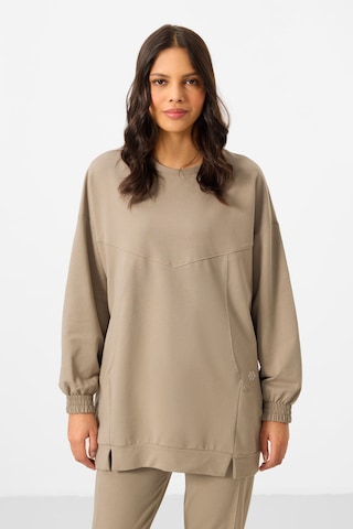 Koyu Bej O Yaka Basic Oversize Kadın Eşofman Tunik Takım - 95347 Bej