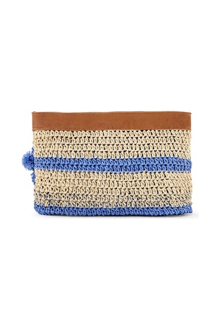 Kadın Çizgili Clutch & Small Bag Bej & Mavi Renk, Fermuarlı Doğal