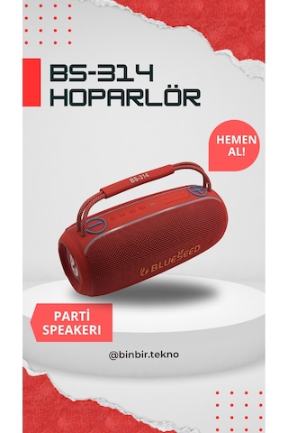 Binbirtekno Bs-314 Kırmızı Bluetooth Speaker Güçlü Bass, Yüksek Ses, Taşınabilir Kablosuz Hoparlör