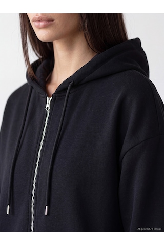 Lcw Everyday Siyah Kapüşonlu Oversize Kadın Fermuarlı Sweatshirt