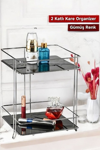 Morponi İki Katlı Kare Banyo Kozmetik Takı Düzenleyici Çok Amaçlı Organizer Gümüş Gümüş