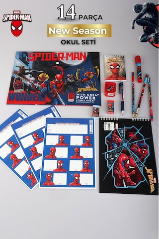Spiderman Lisanslı 14 Parça Kırtasiye Seti, Çıtçıt Dosya, Okul Etiketi, Bloknot, Kurşun Kalem, Kırmızı
