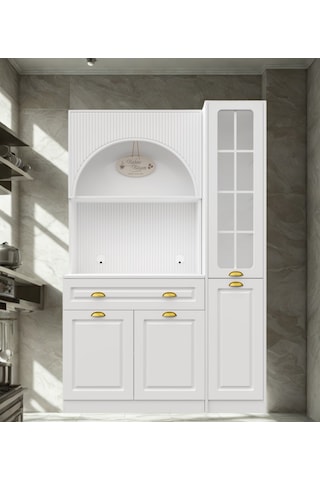 Lureo Nera Arch Gold Sağ Vitrinli Kahve Köşesi Led Aydınlatmalı Komple Mdf Premium Kahve Ünitesi Beyaz