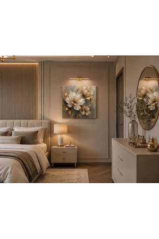 Gold Çiçek Desenli Kare Kanvas Tablo Bej Krem Modern Luxury Salon, Yatak Odası Ve Antre Duvar Dekoru Premium Çerçevesiz Floral Kanvas Tablo