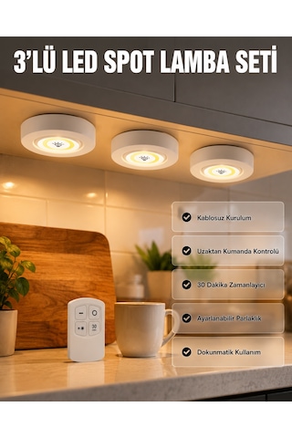 Kablosuz 3 Lü Spot Led Lamba Seti Uzaktan Kumandalı Enerji Tasarruflu Aydınlatma Düz Renkli