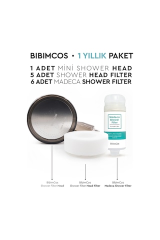 Bibimcos Mini Duş Başlığı + 5 Yedek Filtre + 6 Madeca Duş Filtresi 1 Yıllık Set Siyah