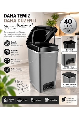 Iç Kovalı Slim Pedallı Banyo Mutfak Çöp Kovası - 40 Litre - Antrasit Antrasit - Gri