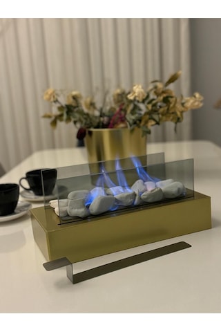 Arif Şömine Metal Gold Renk Masa Üstü Şömine Sertifikalı Yakıt Ve Dekoratif Taş