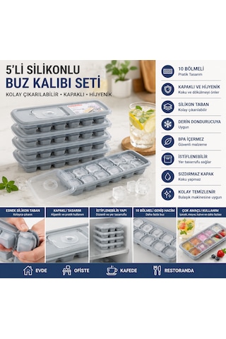 5'li Silikonlu Kapaklı Buz Kalıbı Seti 10 Bölmeli Kolay Çıkarılabilir Buzluk Kabı Gri