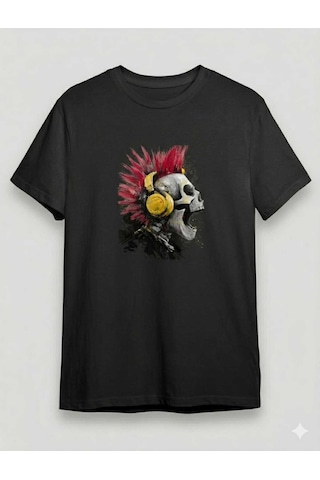 Punk Rock Temalı Kuru Kafa Baskılı Bisiklet Yaka Erkek T-shirt Siyah