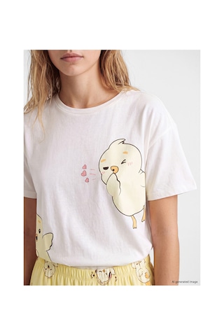 LC Waikiki Alıta Cıty Farkıyla Lcw Young Sarı Penye Baskılı Kısa Kollu Kadın Pijama Takım Sari - 929503776 Sari