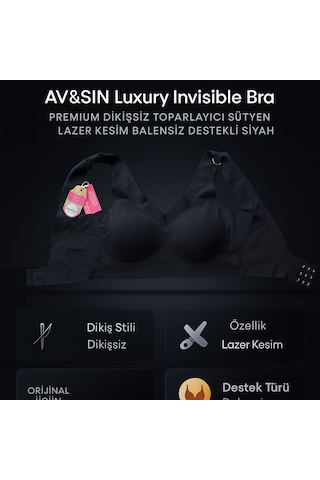 Av&sın Luxury Invisible Bra Premium Dikişsiz Toparlayıcı Sütyen Lazer Kesim Balensiz Destekli Siyah Beyaz