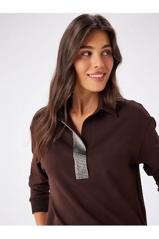 Faik Sönmez Taş Detaylı Polo Yaka Sweatshirt W27swt002 Uw27swt00230 Kahve