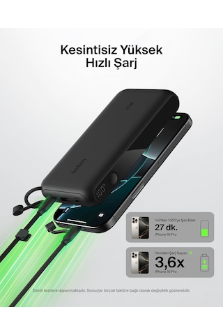 Belkin Boostcharge Power Bank 20000 Mah Display, Pd 20w Usb-c Kablolu Siyah